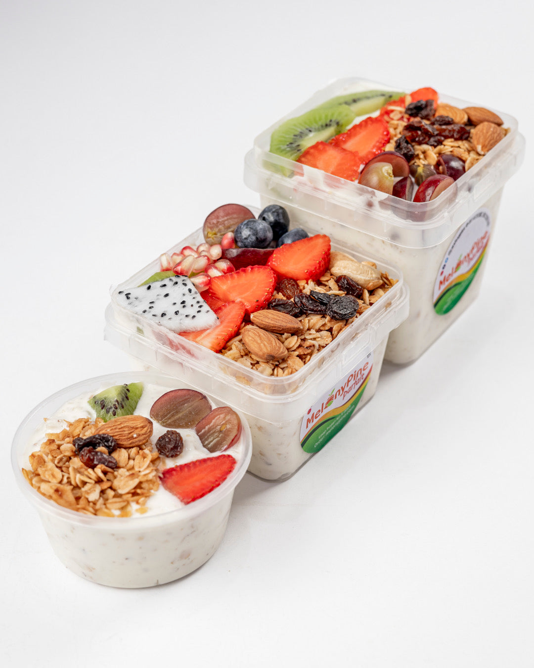 1 bowl of 150ml mini Exotic Berry Parfait, 1 of 330ml Tropical Deluxe Parfait and 1 of 500ml Exotic Berry Parfait