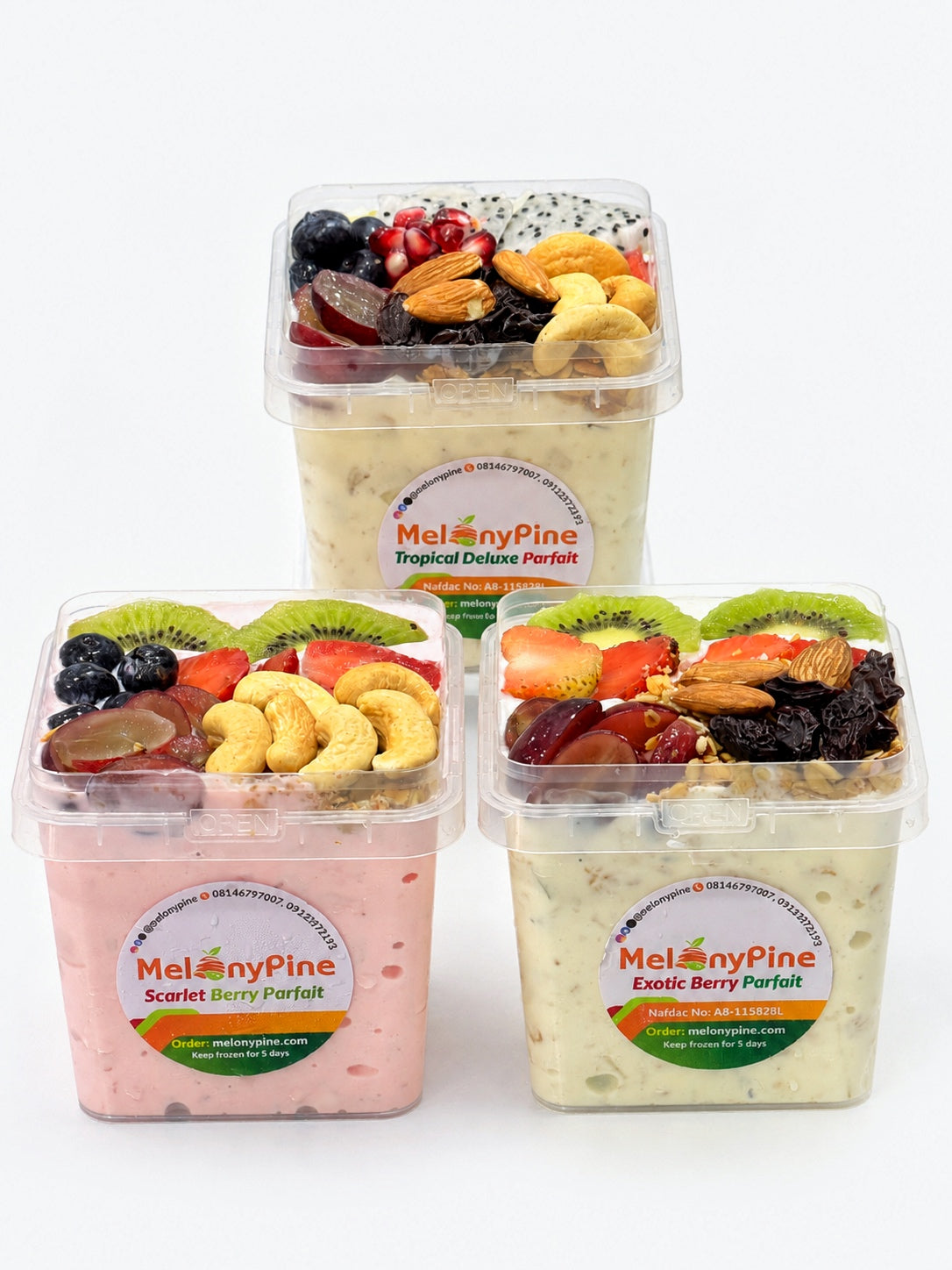 1 Bowl 500ml Scarlett Berry Parfait + 1 Bowl 500ml Tropical Deluxe Parfait + 1 Bowl Exotic Berry Parfait