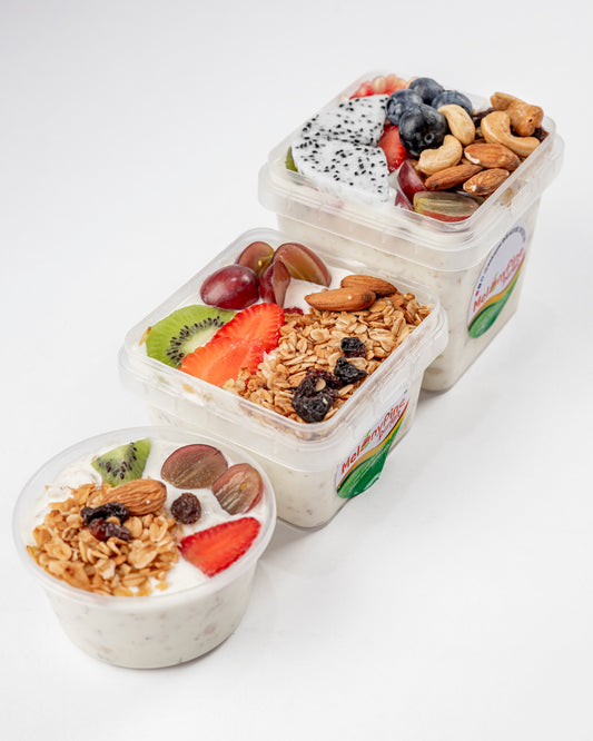 1 bowl each of 150ml mini & 330ml Exotic Berry Parfait and 1 bowl of 500ml Tropical Deluxe Parfait