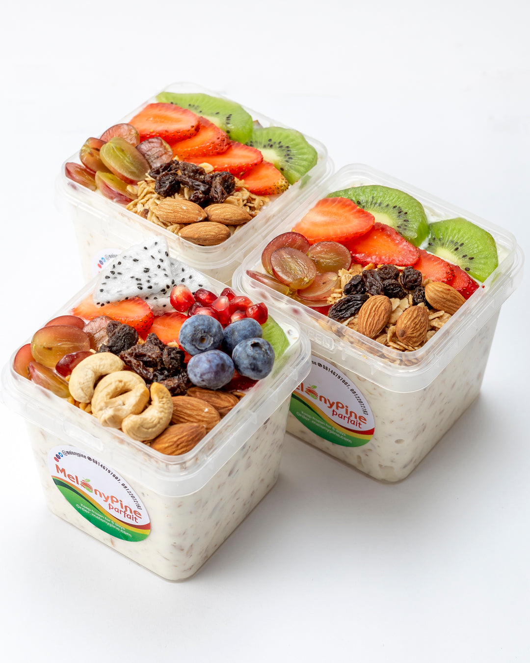 2 bowls of 500ml Exotic Berry Parfait and 1 bowl of 500ml Tropical Deluxe Parfait