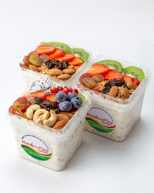 2 bowls of 500ml Exotic Berry Parfait and 1 bowl of 500ml Tropical Deluxe Parfait