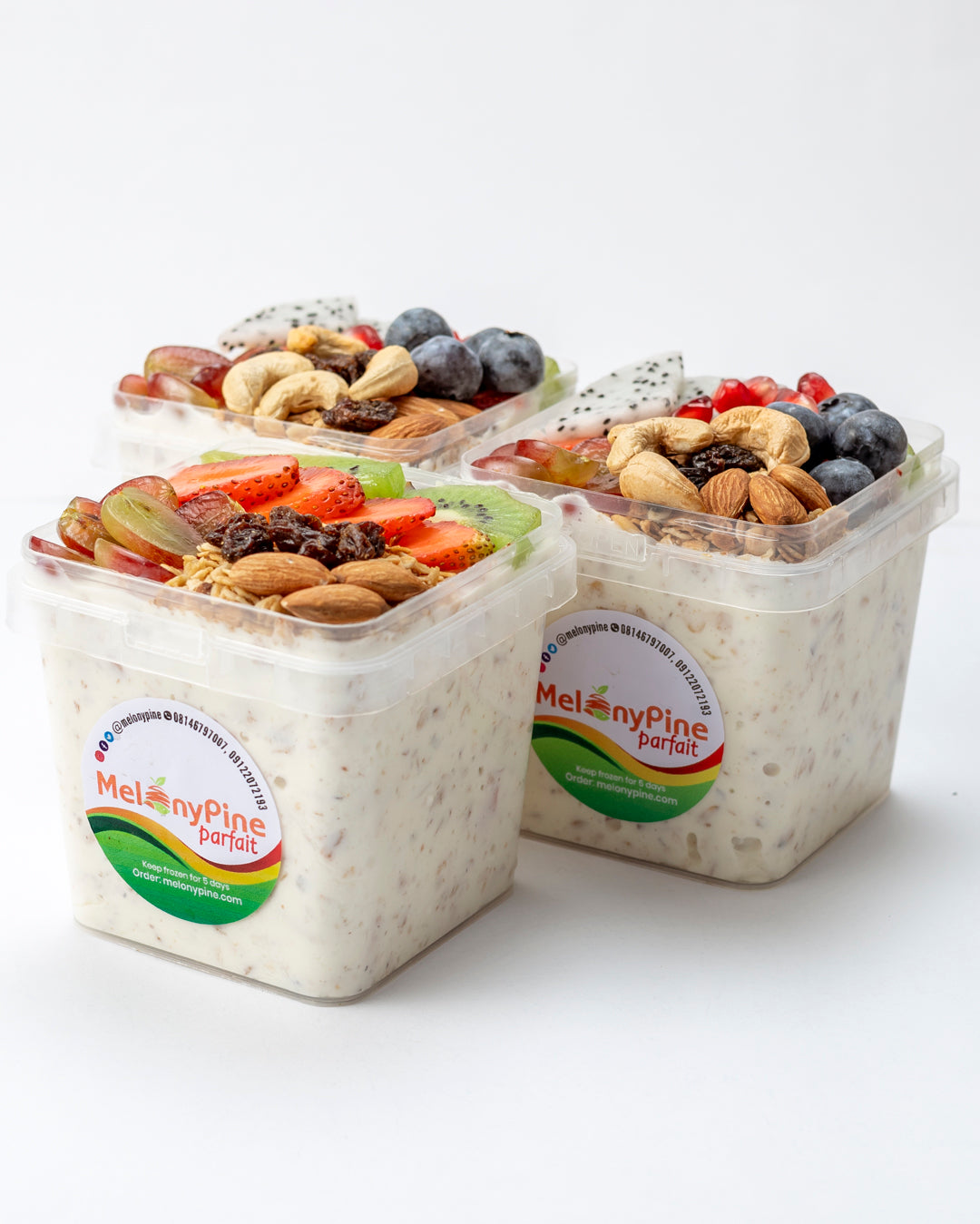 2 bowls of 500ml Tropical Deluxe Parfait and 1 bowl of 500ml Exotic Berry Parfait